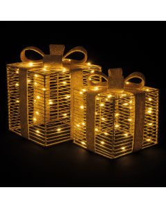 Set 2 scatole regalo luminose a batteria, fiocco in tessuto dorato, Santa's House