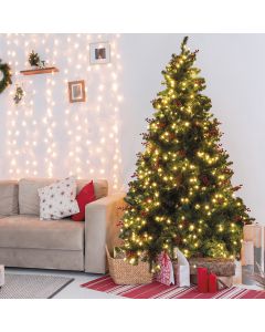 Albero di Natale con 700 led, circa 1000 rami h. 210 cm con bacche rosse e pigne, Paris Santa's Hous