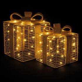 Set 2 scatole regalo luminose a batteria, fiocco in tessuto dorato, Santa's House