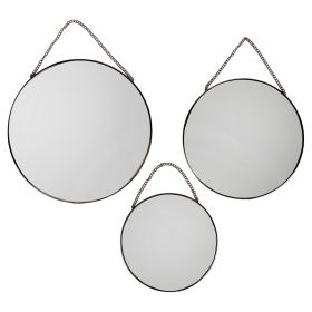 Set 3 specchi tondi con catenella, stile vintage glam, cornice nera, Sibilla