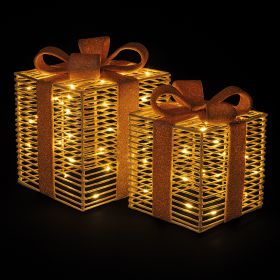 Set 2 scatole regalo luminose a batteria, fiocco in tessuto dorato, Santa's House