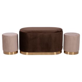 Set 2 pouf e panca contenitore effetto velluto, base dorata, Chocolate