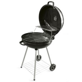 Barbecue nero tondo con ruote e coperchio Ø57x90 cm
