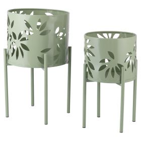 Set 2 porta vasi 20x36 cm e 25 x43 cm in ferro con piedistallo, verde, Esté