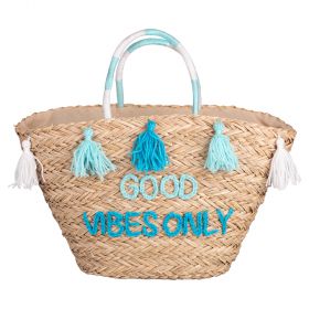Borsa mare in paglia con nappine, Good Vibes Only