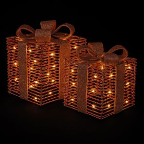 Set 2 scatole regalo luminose a batteria, fiocco in tessuto dorato, Santa's House