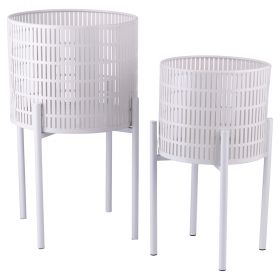 Set 2 porta vasi 20x36 cm e 25 x43 cm in ferro con piedistallo, bianco, Esté