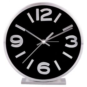 Orologio tondo da tavolo con sveglia 15 cm in stile modern retrò, silver e nero, Sibilla