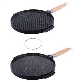 Bistecchiera antiaderente tonda 28 cm 2 in 1, doppia superficie grill e liscia, impugnatura in legno