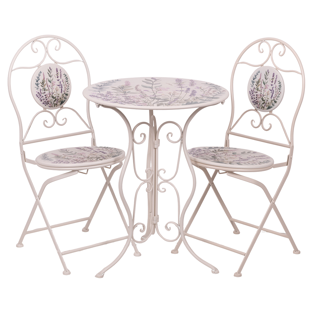 <p>Set tavolo e 2 sedie da esterno in ferro, avorio, Lavanda Breakfast Esté</p>