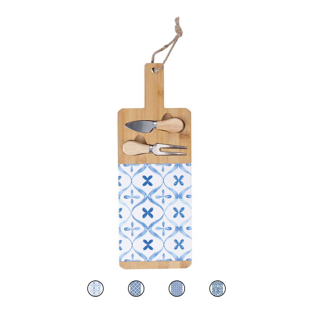 Set tagliere e 2 coltelli da formaggio, in legno di bambù, decoro maiolica, 15x42cm, Sibilla