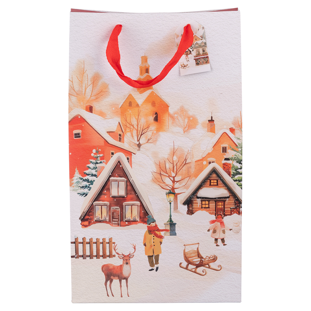 Busta regalo 23x15x39 cm in carta con manici in  tessuto, Winter Village