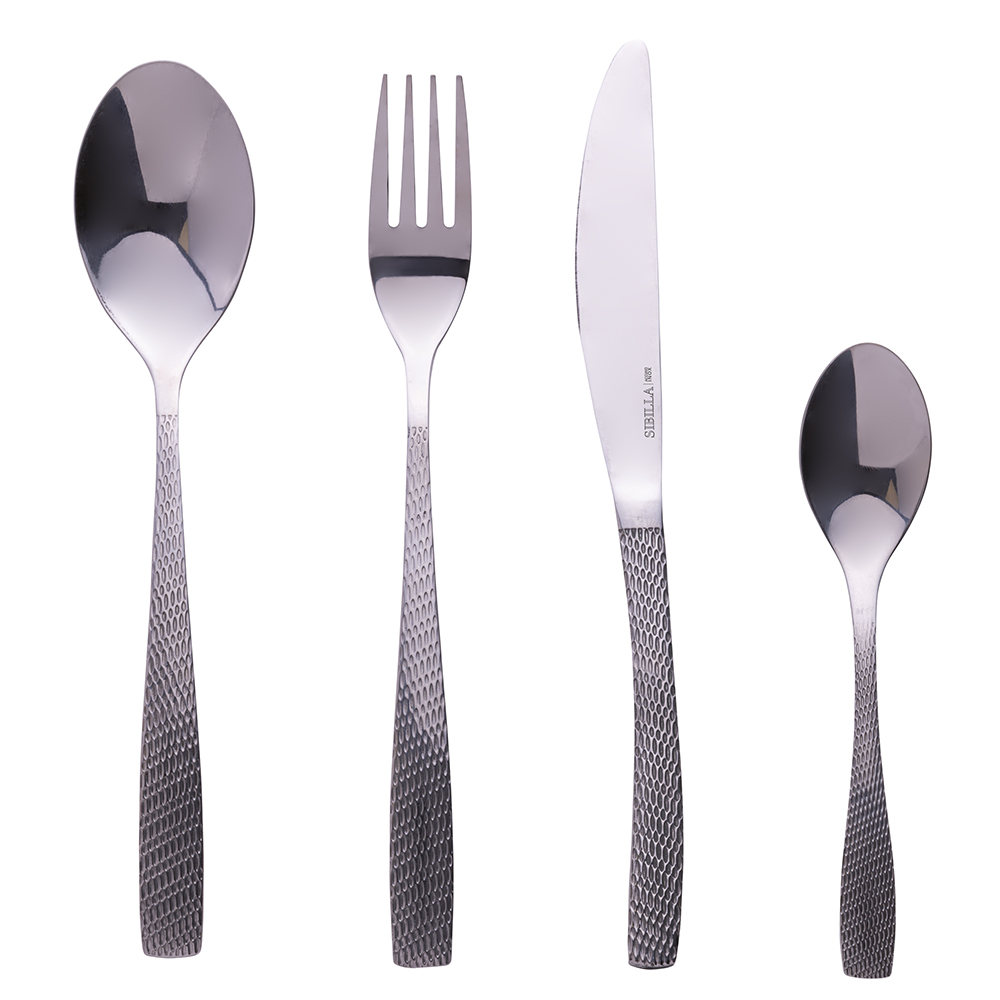 Set 16 posate inox silver lucido, impugnatura martellata, Harlem Sibilla
