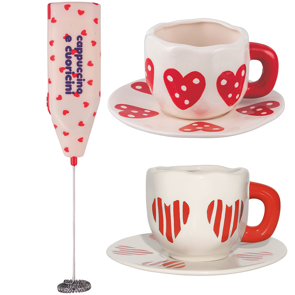 Set colazione, montalatte e 2 mug con piattini, More Amor Cuoricini