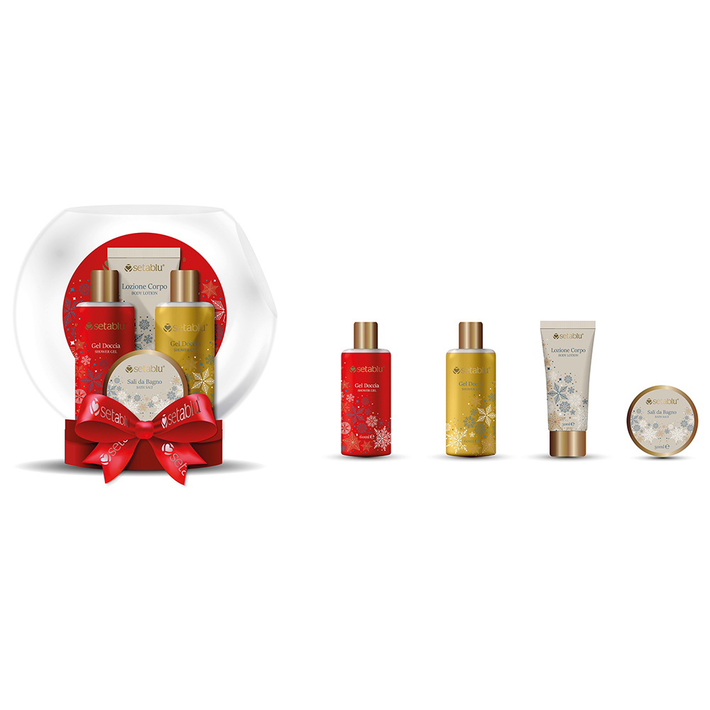Set regalo da bagno natalizio 4 pezzi in sfera trasparente, Setablu