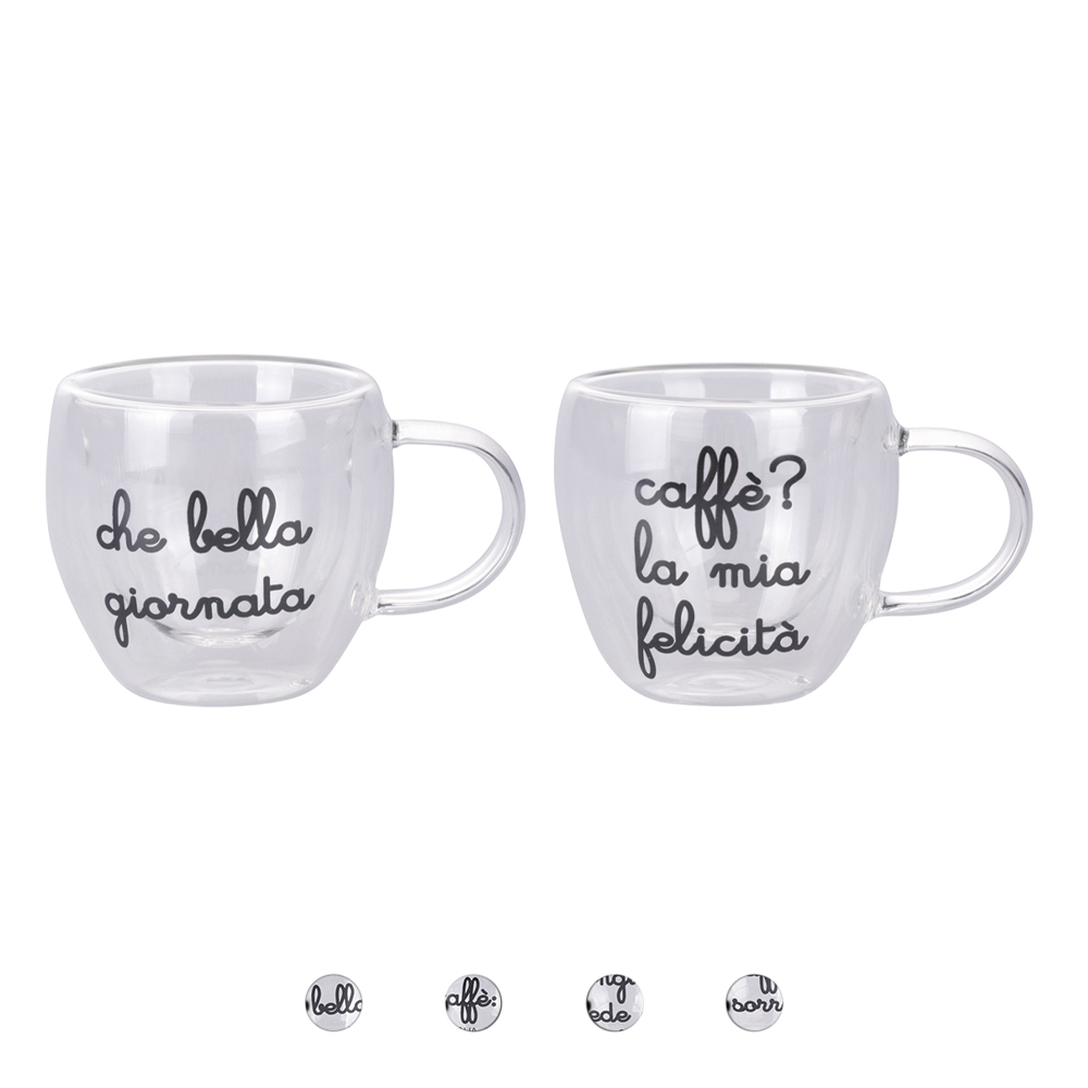Set 2 tazzine caffè 80 ml con manico in vetro borosilicato incamiciato, Pensieriny