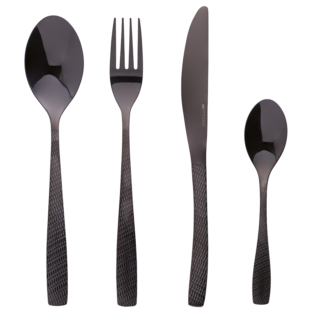 Set 16 posate inox nero lucido, impugnatura martellata, Harlem Sibilla