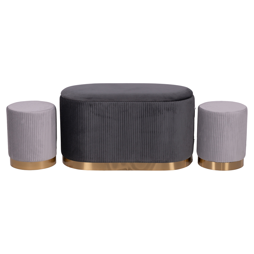 Set 2 pouf e panca contenitore effetto velluto, base dorata, Stones