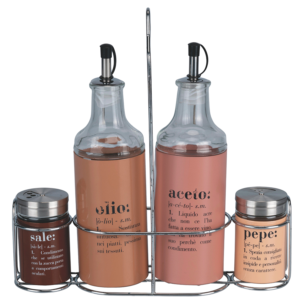 Set condimento olio, aceto, sale e pepe in vetro e acciaio inox, stand in acciaio, Victionary Chocol