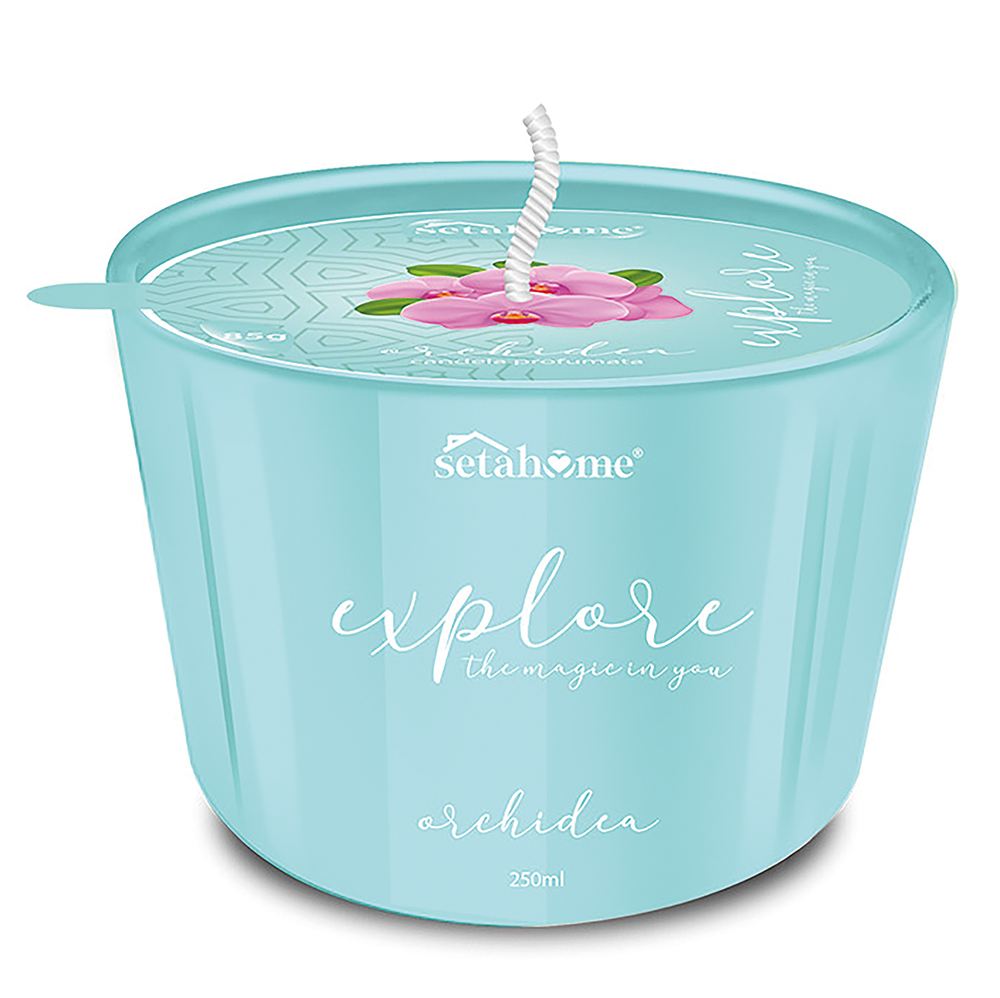 Candela media profumata in cera 85 gr, vasetto in vetro, orchidea